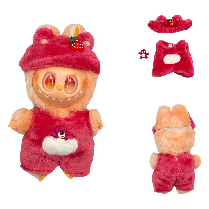 Комплект дрехи за кукли или Labubu 17 см, две части, тъмно розово и бяло