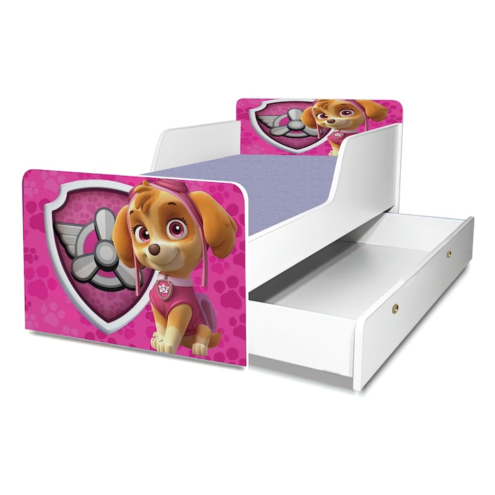 Pat Patrula Catelusilor, roz, 130x60 cm, cu sertar, protectie si saltea inclusa
