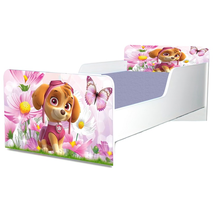 Pat Patrula Catelusilor, roz, 140x70 cm, cu protectie si saltea inclusa