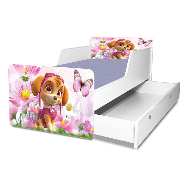 Легло Пес Патрул, розово, 160x80 см, с чекмедже, предпазна решетка и включен матрак