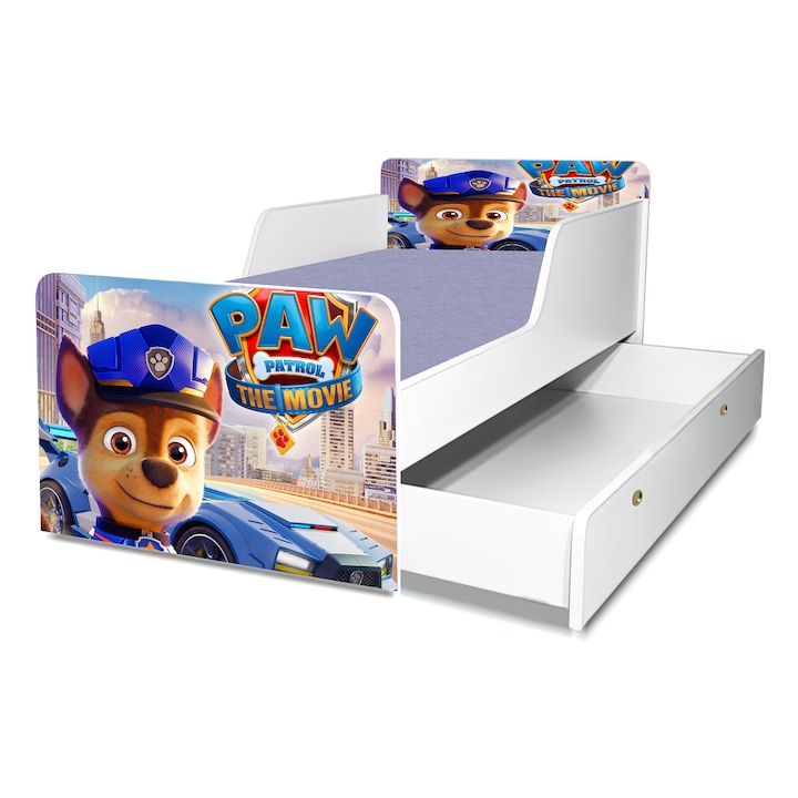 Pat Patrula Catelusilor Junior, 130x60 cm, cu sertar, protectie si saltea inclusa