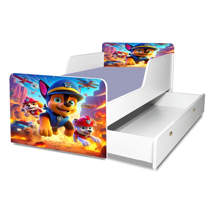 Pat Patrula Catelusilor, 130x60 cm, cu sertar, protectie si saltea inclusa