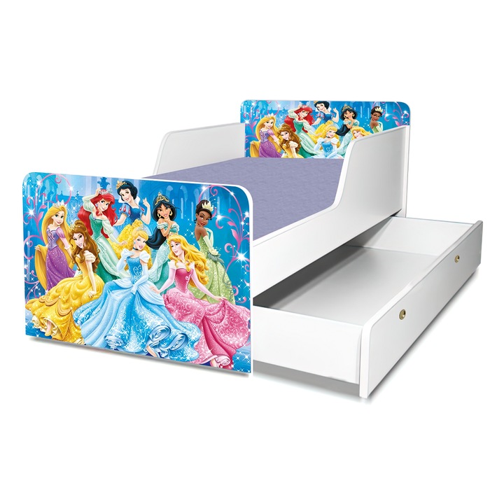 Pat Printese Disney, 130x60 cm, cu sertar, protectie si saltea inclusa