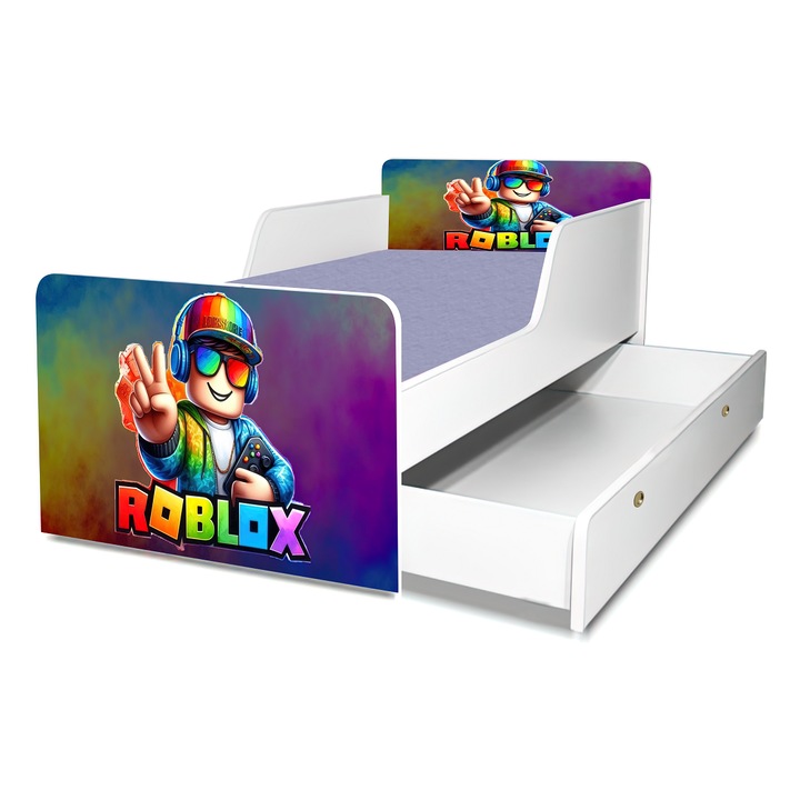 Pat Roblox, 130x60 cm, cu sertar, protectie si saltea inclusa