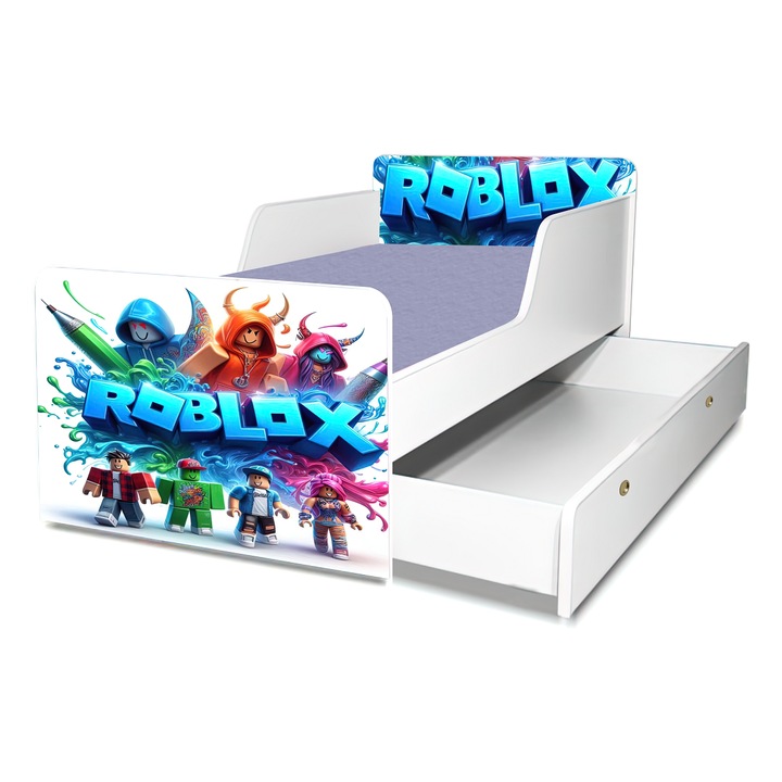 Pat Roblox, 130x60 cm, cu sertar, protectie si saltea inclusa