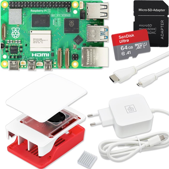 Raspberry Pi 5 indítókészlet, 4GB, 27W tápegység, ventilátoros ház, 64GB SD kártya, 4K Micro HDMI kábel, piros-fehér