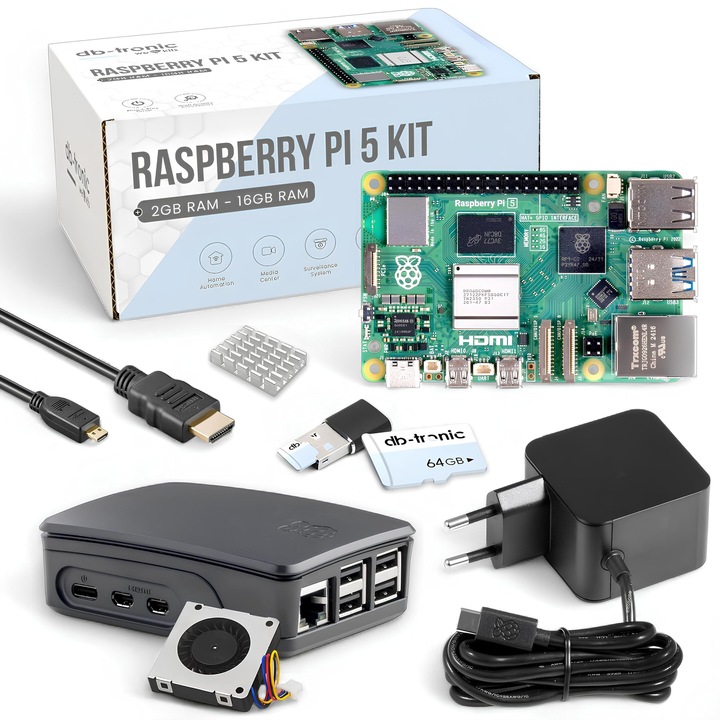 Raspberry Pi 5 indító készlet, 8GB, 64GB, 27W tápegység, tok ventilátorral, mikro HDMI 4K kábel, fekete