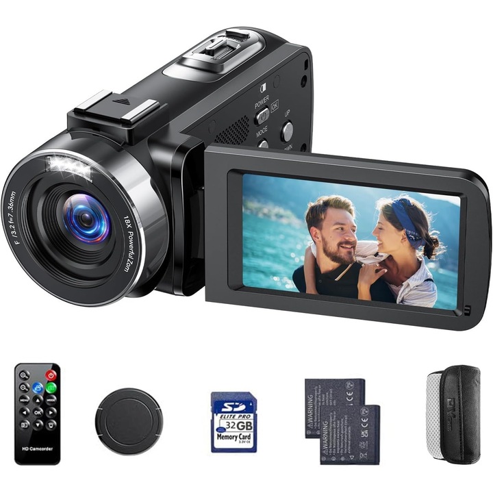 CAMWORLD 4K Kompakt Videokamera, 42 Mp felvevő, 18X digitális zoom, 3 hüvelykes képernyő, 2 akkumulátorral, 32 Gb kártyával