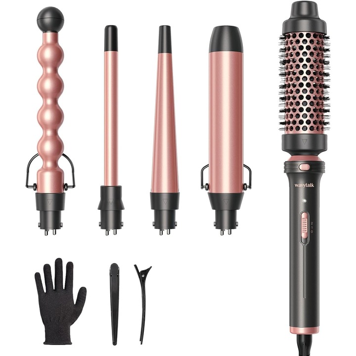Perie termică, Wavytalk, set 5 in 1, 4 ondulatoare interschimbabile, auriu roz