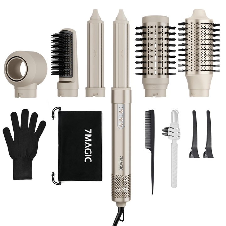 Perie rotativă 7MAGIC Airstyler 6 în 1, uscător de păr ionic, stil beach wave, 6 trepte temperatură, 3 viteze