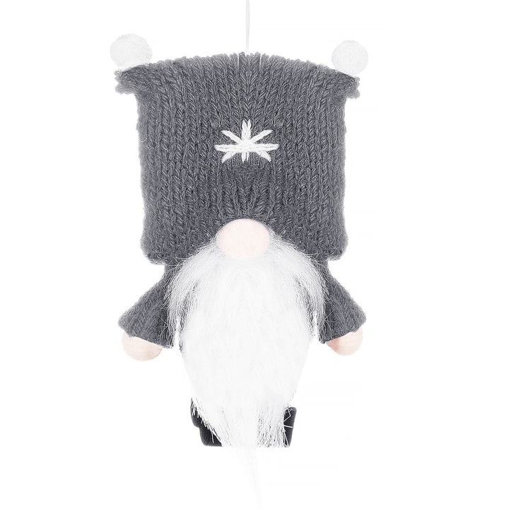 Decoratiune de Craciun, Springos, elf, 8 cm, 1 buc., picioare si manere din lemn, palarie cu stea si pompoane, sfoara pentru agatat, gri