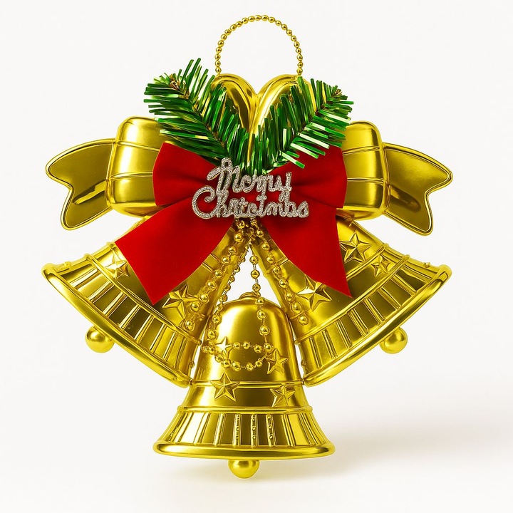 Decoratiune de Craciun pentru perete/usa, clopotei aurii cu funda rosie si ramura de brad, ornament suspendabil „Merry Christmas