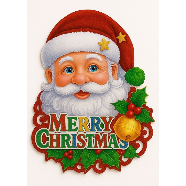 Karácsonyi fali dekoráció, Mikulás „MERRY CHRISTMAS” üzenettel, csillámos függő dísz, piros-többszínű