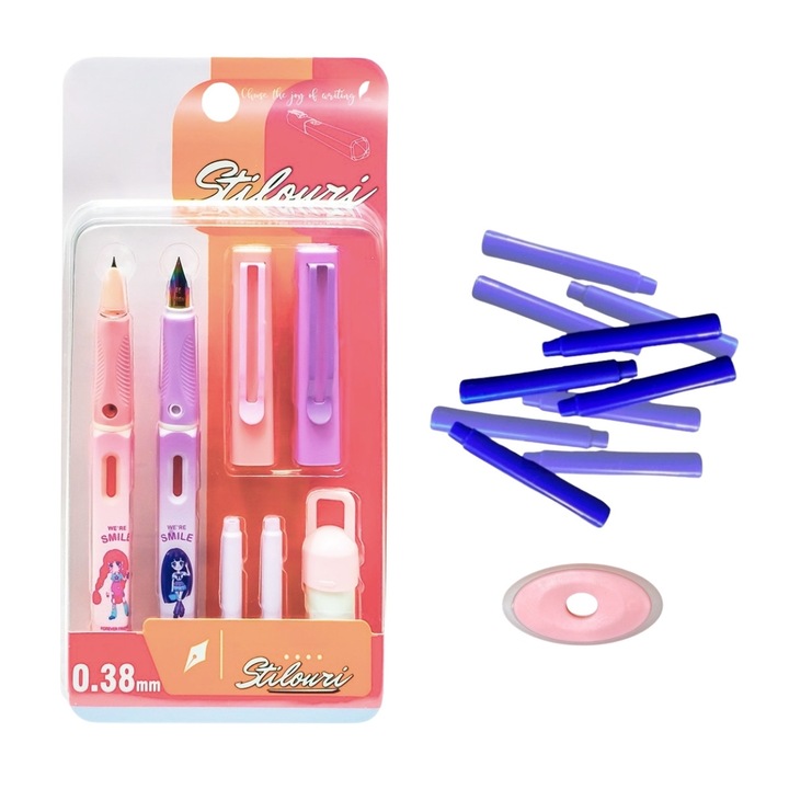 Set 2 stilouri cu cerneala termosensibila + 10 rezerve si radiera, Motiv smyle