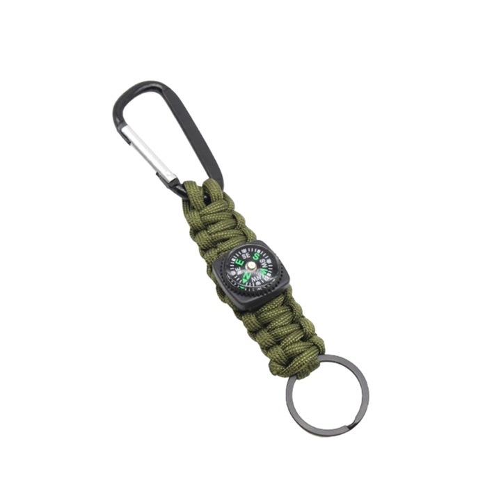 Kulcstartó fém karabinerrel, 7 szálas paracorddal és zöld iránytűvel