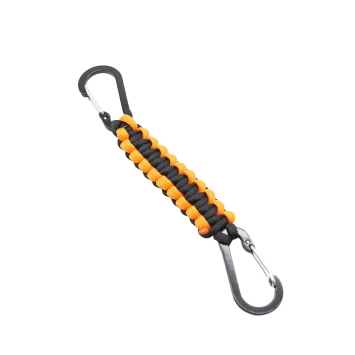 Kulcstartó gyűrű típusú, fonott paracord zsinórral, gyorsan kioldható acélhuzal karabinerrel, kulcsokhoz és kültéri használatra, narancssárga színű