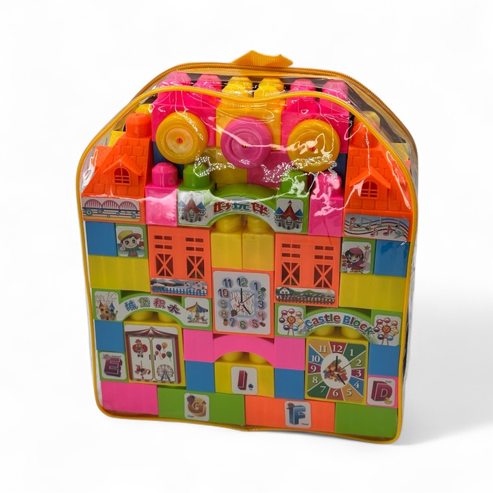 SET DE CONSTRUCTIE "CASTLEL BLOCKS", Jucarie educativa de constructie Castle Block – Blocuri colorate cu litere, numere si ceas pentru copii cu varsta de peste 3 ani