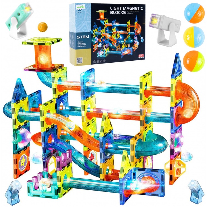 Set de constructie magnetic 3d pentru copii, pista cu bile luminoase led, conectare rapida si usoara, 110 elemente multicolore