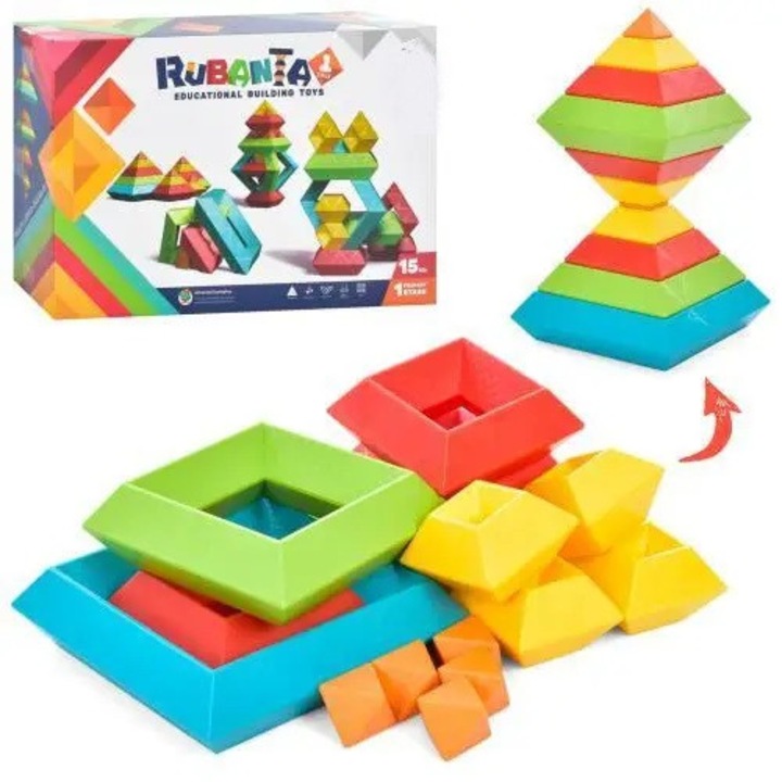 Set de constructie pentru copii Malplay cu 15 piese magnetice in forme unice, multifatetate, multicolore