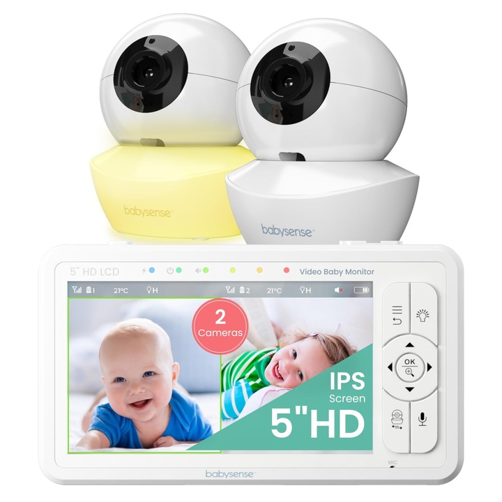 Monitor video pentru bebeluși Babysense, 5 inci, cu 2 camere, fără Wi-Fi, raza de acțiune 300 m