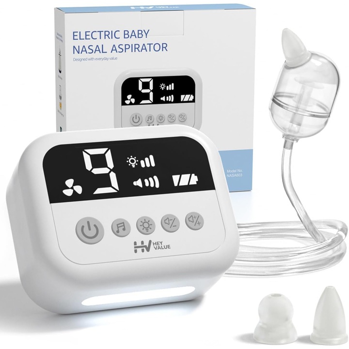 Aspirator nazal electric HeyValue, 9 puteri de aspirare, reincarcabil, cu lumina si muzica, 55