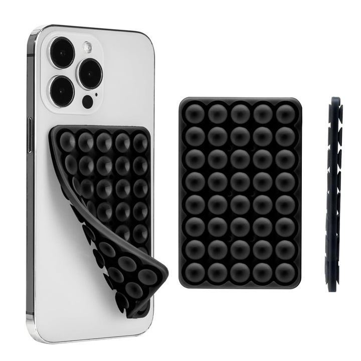 Suport pentru telefon cu ventuză dublă, prindere pe faianță/geam, negru, dimensiuni compacte