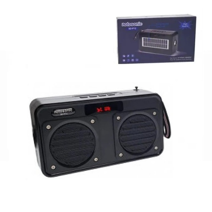 ROTOSONIC Boxa solara portabila SD P 12 BT, FM (afisaj digital ), Bluetooth, SD, USB, Lanterna, 1500 mA