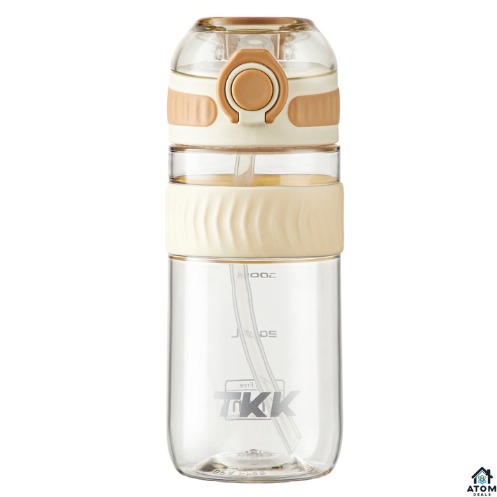 Tritan бутилка 550ml ATOM DEALS® без BPA, бежов карамел, за деца, с херметичен капак, спортен съд за вода, бутилка за многократна употреба за офис, фитнес, пътуване, модерен дизайн и персонализирано лого