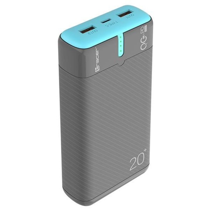 Power bank Tracer 20000mAh, 3 USB kimenet, USB Type-C, szürke