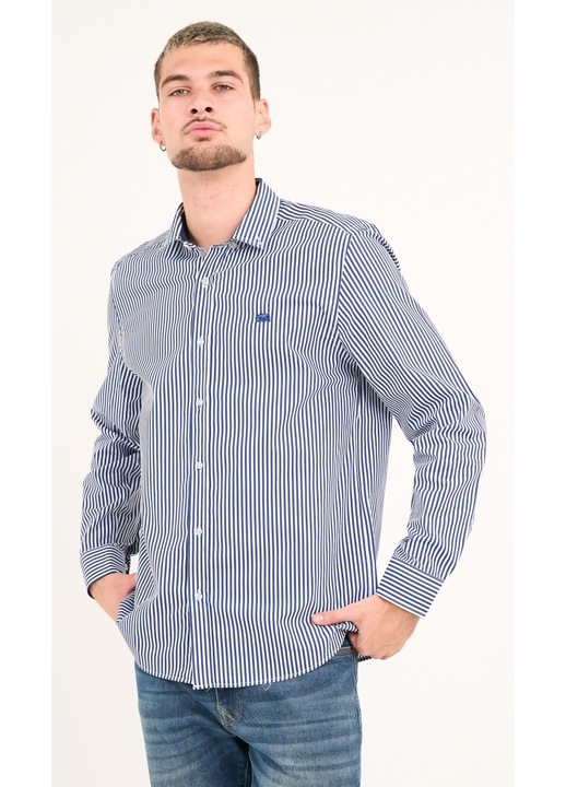 Timeout - Camasa barbat cu maneca lunga si dungi ( DARK BLUE, Material: Bumbac, Albastru