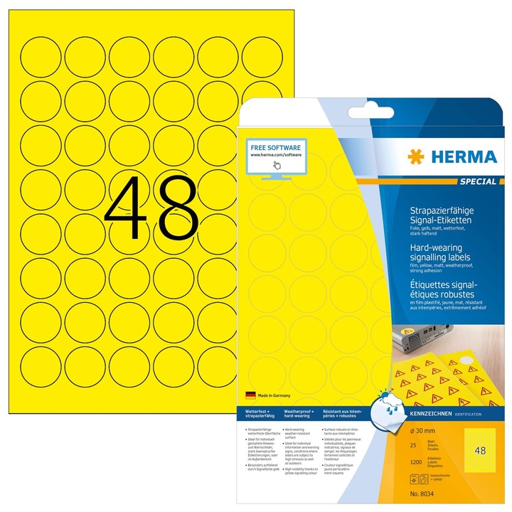 HERMA kerek öntapadós címkék, 1200 db-os készlet, 30 mm, sárga