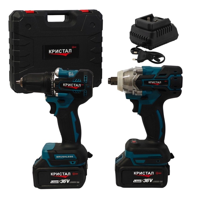 Set Masina De Gaurit si Infiletat Si Masina De Insurubat cu Impact DDT-KRISTAL 2 Acumulatori 36V 4Ah, Brushless, Motor fara perii
