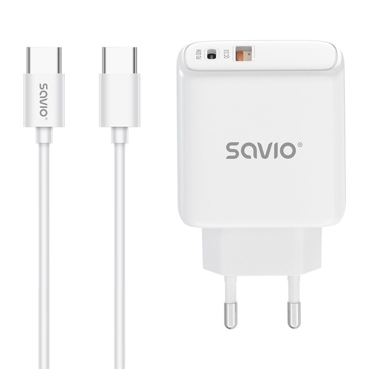 Savio LA-10 gyors töltő, fehér, USB, 30W, 1m kábel, szett