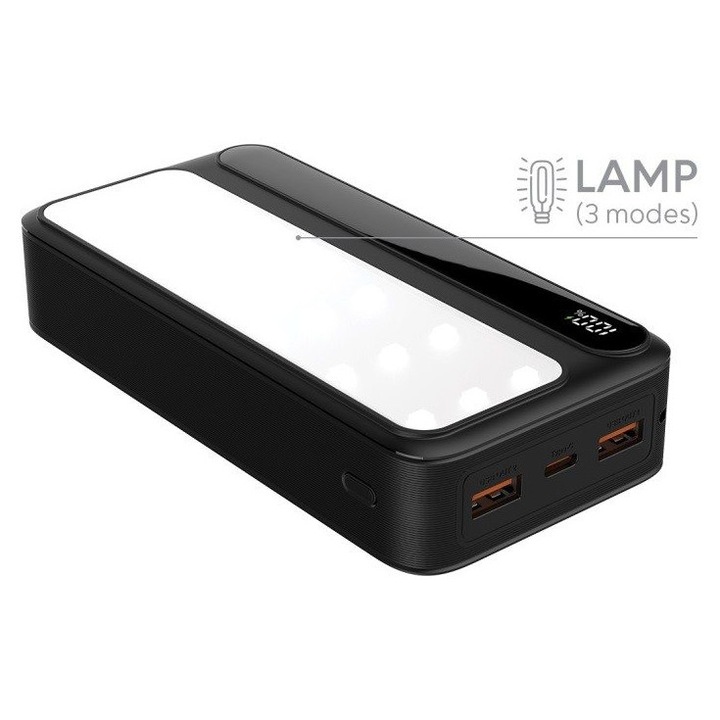 Rebeltec P20 power bank LED lámpával, 20000mAh, 22,5W, 3 port, kompakt, fekete