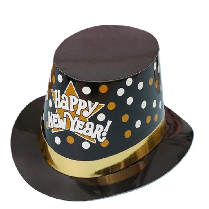 Palarie Tip Lincoln, Flippy, Model Happy New Year cu Buline, Accesoriu Petrecere de Anul Nou, Marime Universala, din Carton, Negru/Auriu