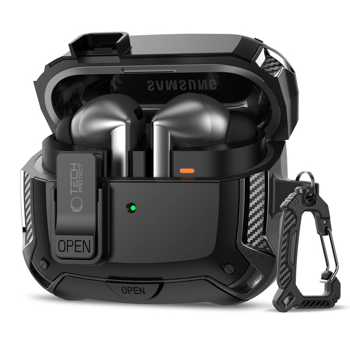 Carcasa Tech-Protect Carbonox compatibila cu Samsung Galaxy Buds 3 / 3 FE / 3 Pro, Negru