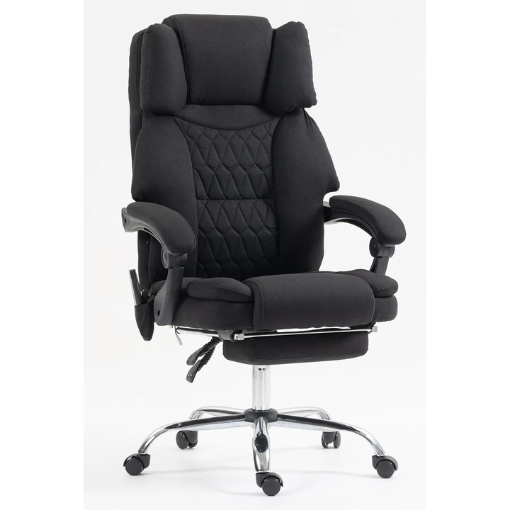Scaun Birou TOPSCAUNE® Premium, Masaj In 6 Puncte, Functie De Incalzire, Scaun Directorial Ergonomic Cu Reglaj Pe Inaltime, Spatar Inalt Cu Suport Lombar, Tapiterie Textila Moale, Suport Pentru Picioare Retractabil, Design Modern, Negru