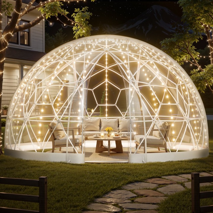 Cort Igloo Transparent, Cupola pentru Gradina, 4.5x2.7m, Capacitate 4-7 Persoane, Rezistent la Intemperii, Din PVC, Ideal pentru Curte, Terasa, Camping
