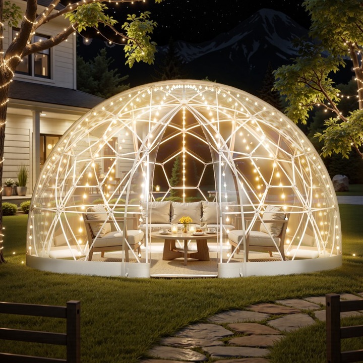 Cort Igloo Transparent, Cupola pentru Gradina, 3, 6 x 2, 2 m, Capacitate 4-7 Persoane, Rezistent la Intemperii, cu Fereastra, Material PVC, Utilizare Versatila