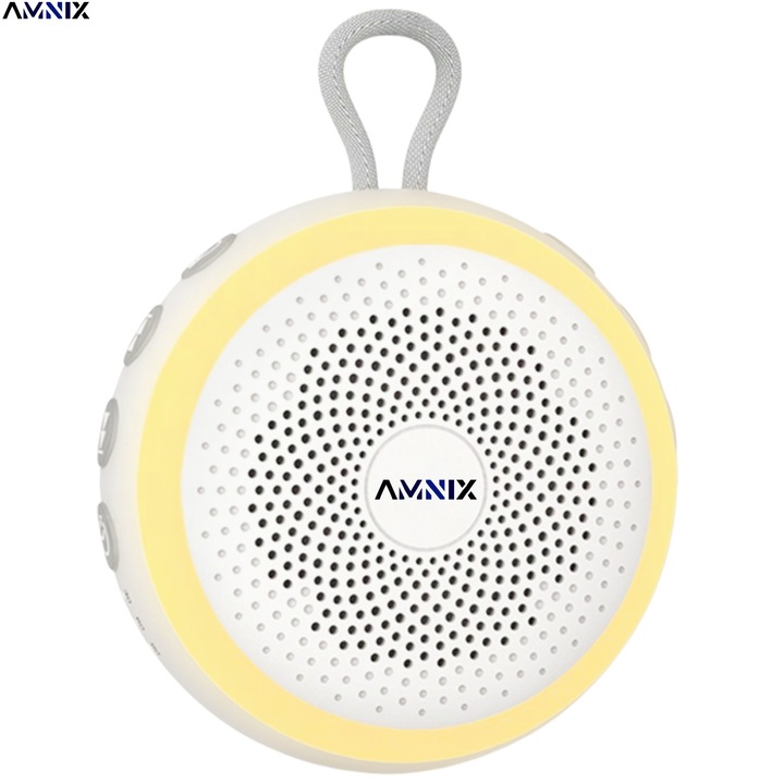 Dispozitiv Sunete Albe AMNIX, White Noise, 20 Sunete Calmante, Lampa de Veghe cu Intensitate Reglabila, Timer si Functie Memorie, Sigur si Portabil, Acumulator 1800 mAh