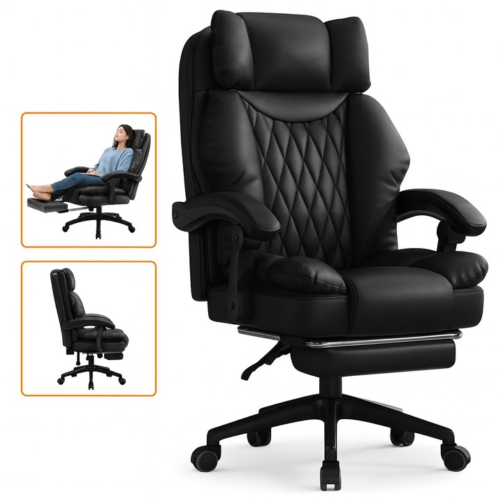 Офис стол Elindor® Ергономичен, Съвременен дизайн, Стол с облегалка и подлакътници, от PU кожа с поставка за крака и колелца, Ширина на седалката 58 см, Височина между 48-56 см, Черен