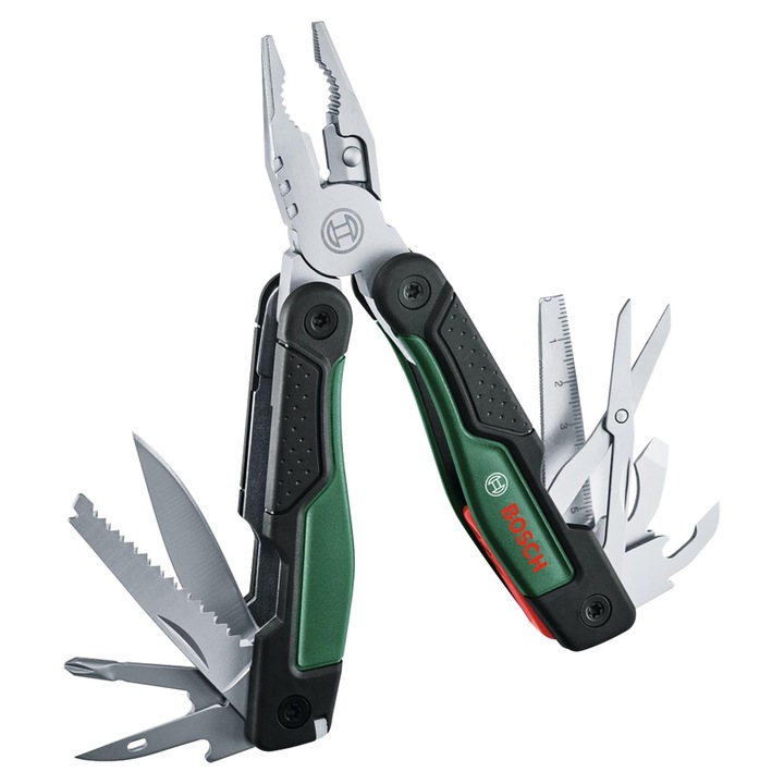 Unealta Multifunctionala Bosch 16 In 1 (Unealta Multifunctionala Pentru Bricolaj, Activitati In Aer Liber Si Camping; Otel Inoxidabil; Functie De Blocare; Maner Moale; 16 Functii: Cleste; Surubelnita; Cutit; Ferastrau Etc.)