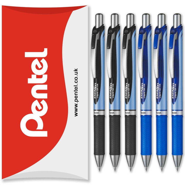 Pentel Energel Bln75 visszahúzható gél toll, 0,5 mm, 54% újrahasznosított, fekete és kék, 6 darabos csomag