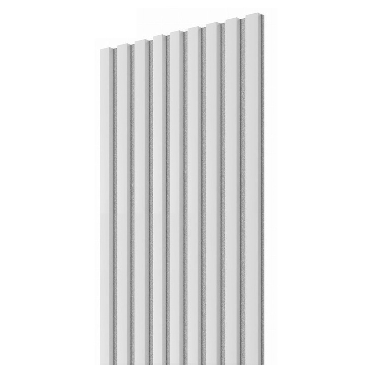 Set 2 bucati Riflaj decorativ MDF PREMIUM de tip Panou Acoustic, ALB cu suport Gri, 260x40 cm, 2.08 mp suprafata acoperita