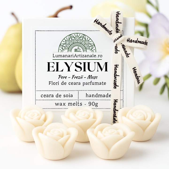 Ceara parfumata din soia, ELYSIUM – frezii – pere – mosc, aromaterapie, wax melts, handmade, 5 flori parfumate in cutie cadou, 90g