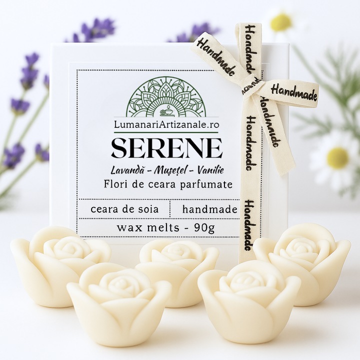Ceara parfumata din soia, SERENE – lavanda – musetel – vanilie, aromaterapie, wax melts, handmade, 5 flori parfumate in cutie cadou, 90g