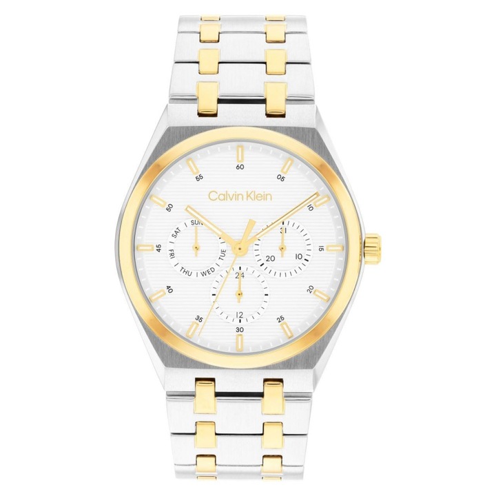 Ceas barbatesc, Calvin Klein, otel inoxidabil, auriu / argintiu, 39x8mm, rezistent la apa 30m
