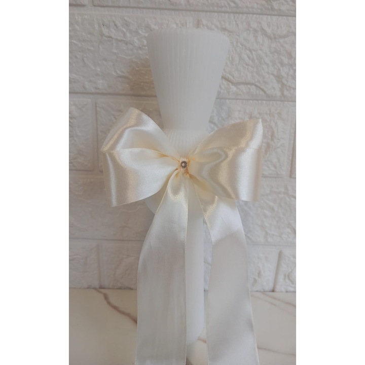 Lumanare nunta/botez tip clepsidra, culoare alb, 6, 5x26 cm, decorata cu panglica crem din satin