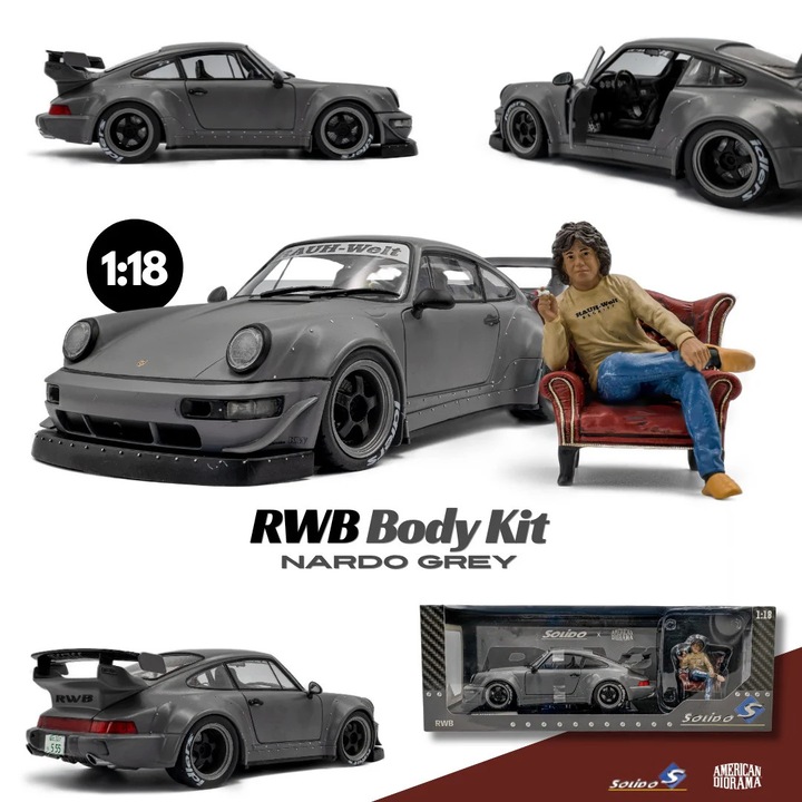 Porsche RWB karosszériakészlet Nardo szürke autómodell + Akira Nakai-San figura 1:18 Solido