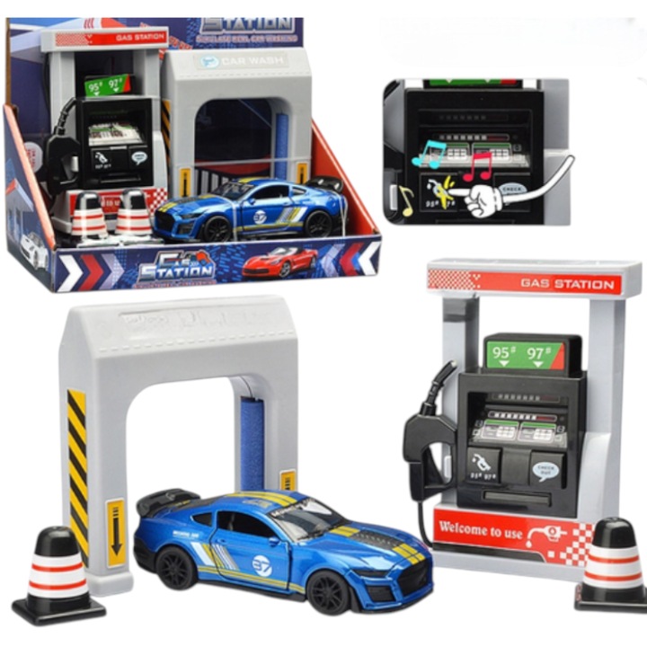 Benzinkút és Autómosó szett, fém kisautó 11 cm, tartozékokkal